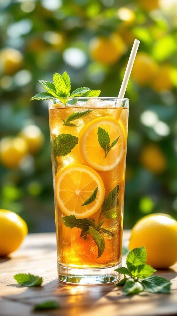 A refreshing glass of lemon and mint iced tea with lemon slices and mint leaves, set against a backdrop of lemon trees.