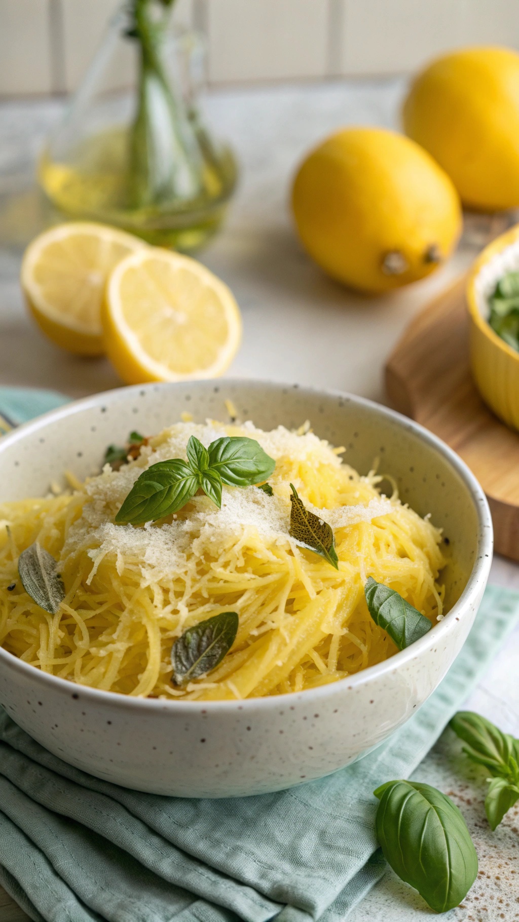 A bowl of lemon and parmesan spaghetti squash topped with fresh basil.