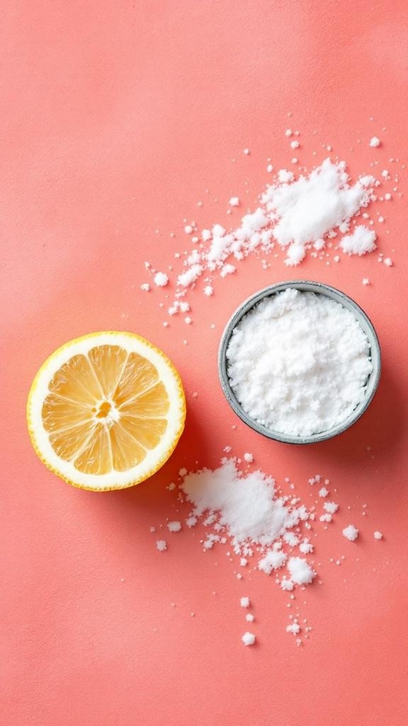 A fresh lemon next to a bowl of white powder on a pink background