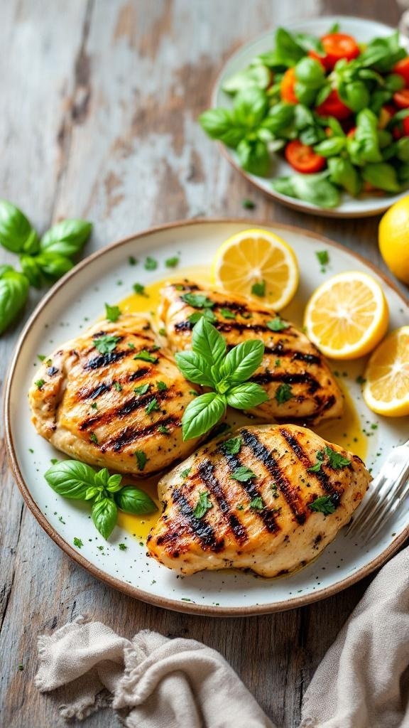Grilled chicken breasts garnished with basil and lemon slices, served with a fresh salad.