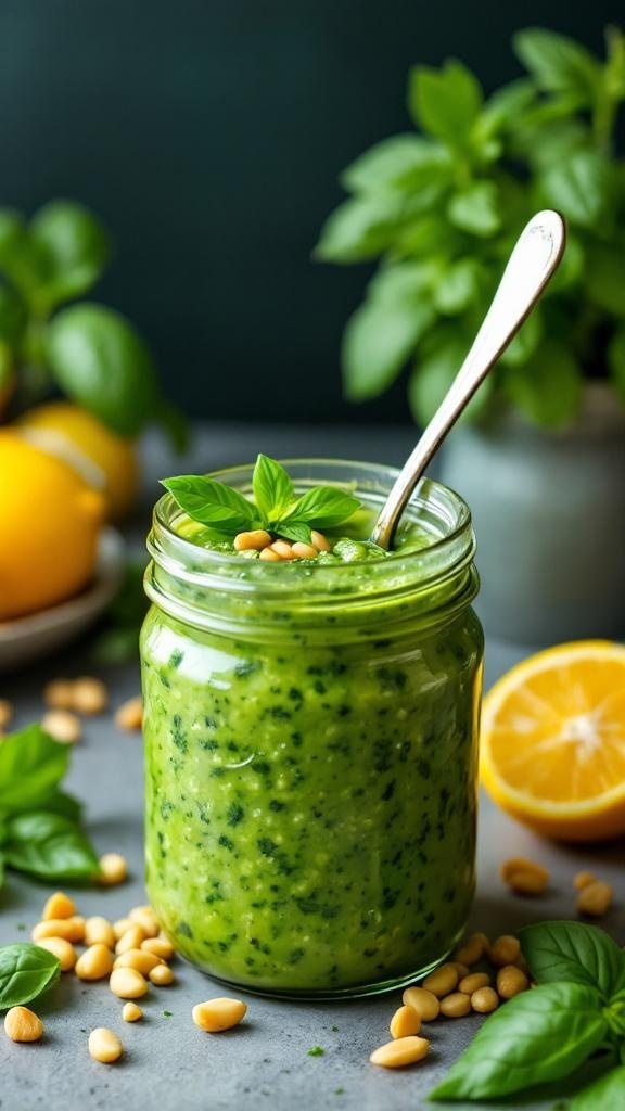 A jar of lemon basil pesto with pine nuts and fresh basil leaves, surrounded by lemons and basil.