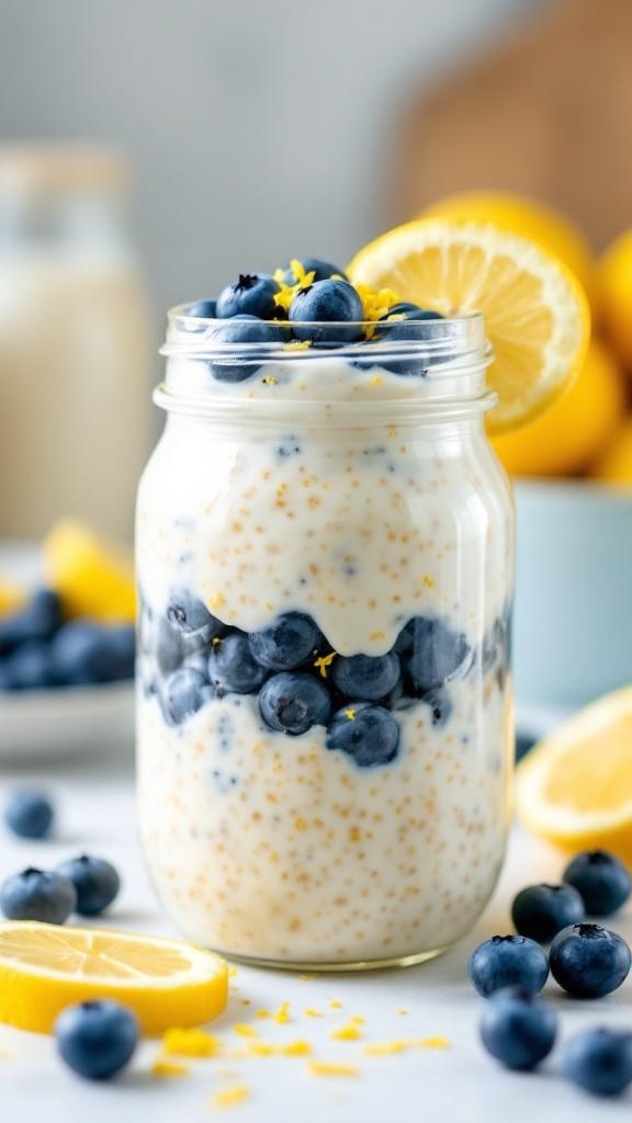 A jar of lemon blueberry overnight oats with fresh blueberries and lemon slices.