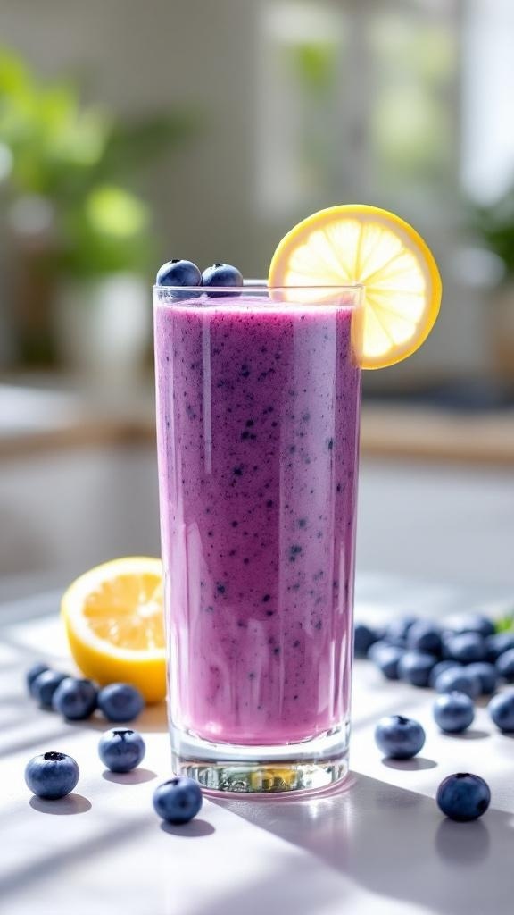 A refreshing lemon blueberry smoothie in a tall glass, garnished with a lemon slice and blueberries.