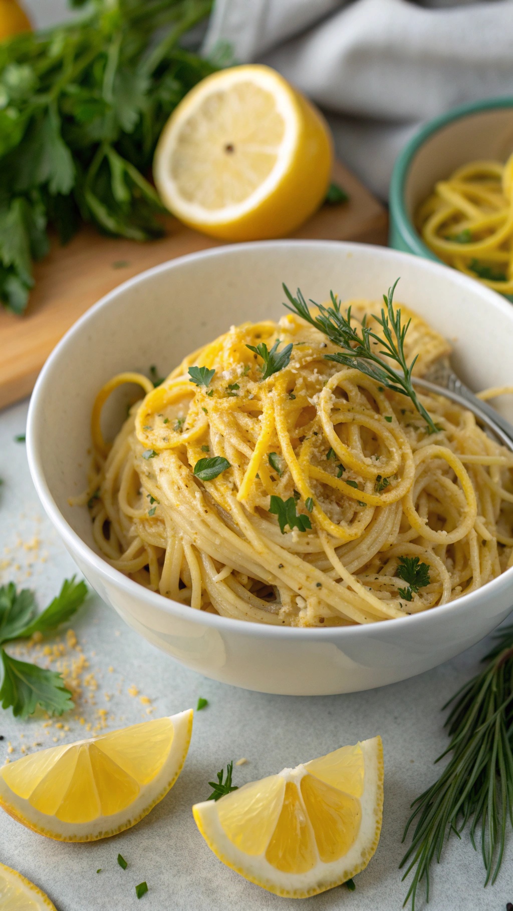 A bowl of Lemon Butter Spaghetti garnished with parsley and lemon zest, surrounded by lemon slices and herbs.