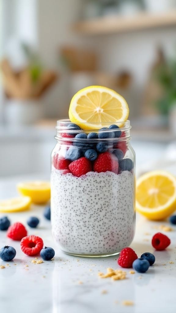 A jar of lemon chia seed pudding topped with fresh berries and a slice of lemon.