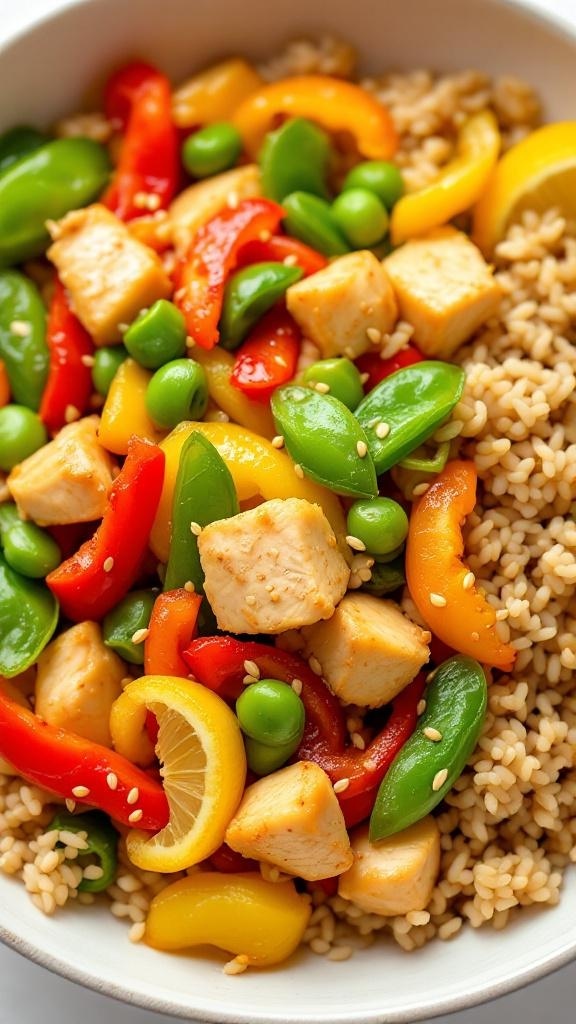 A colorful bowl of lemon chicken stir-fry with mixed bell peppers and snap peas.