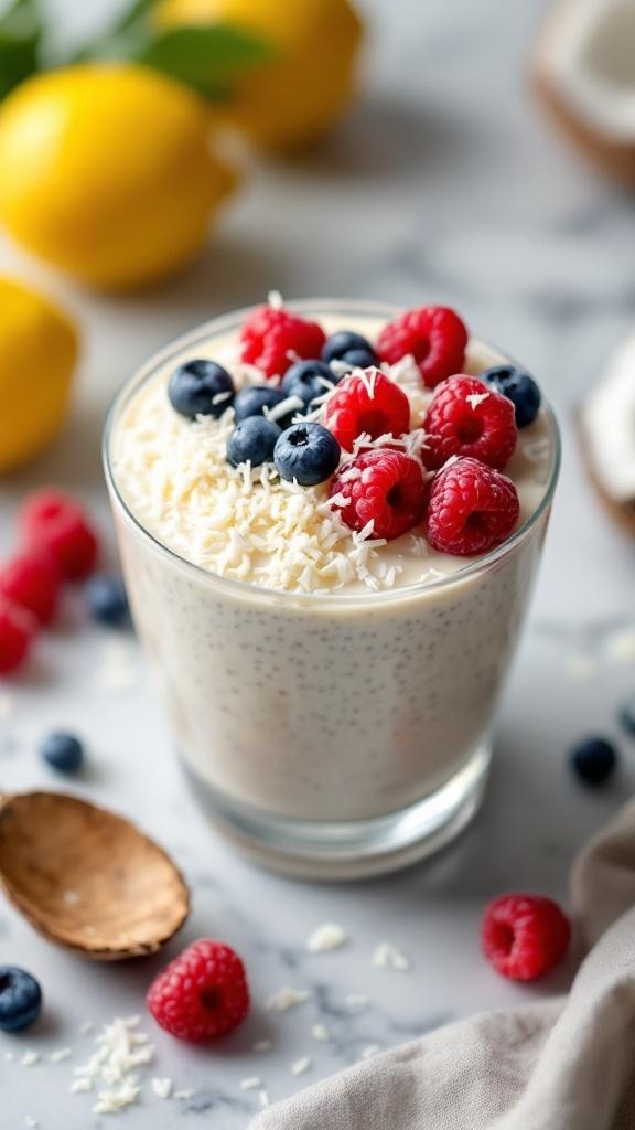 A glass of lemon coconut chia pudding topped with raspberries and blueberries, with lemons in the background.