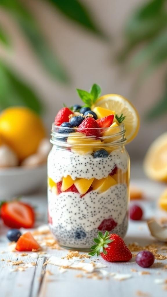 A jar of lemon coconut chia pudding layered with fresh fruits, garnished with lemon slices.