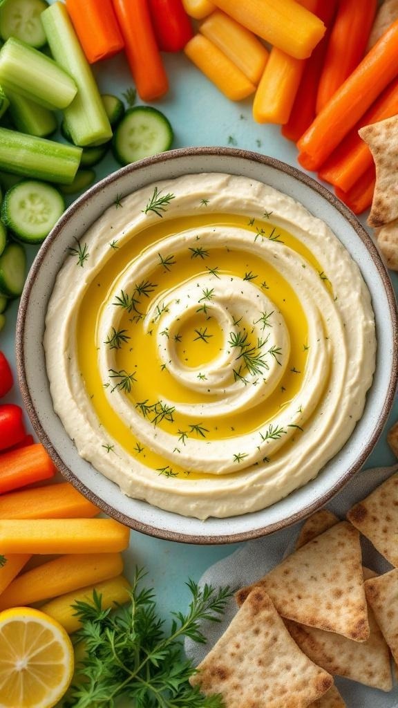 A bowl of lemon dill hummus surrounded by colorful vegetable sticks and pita chips.