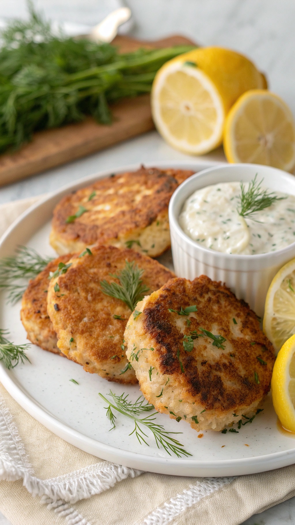 Plate of golden brown salmon cakes with lemon wedges and a creamy dipping sauce