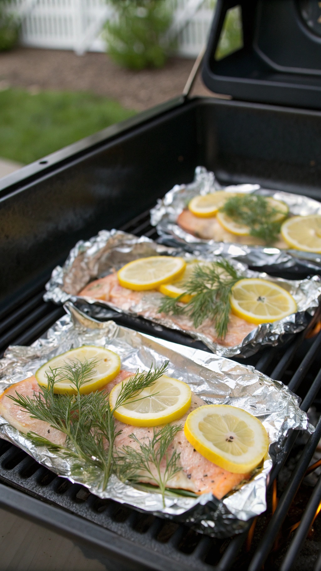 Salmon fillets in foil packets with lemon slices and dill on a grill