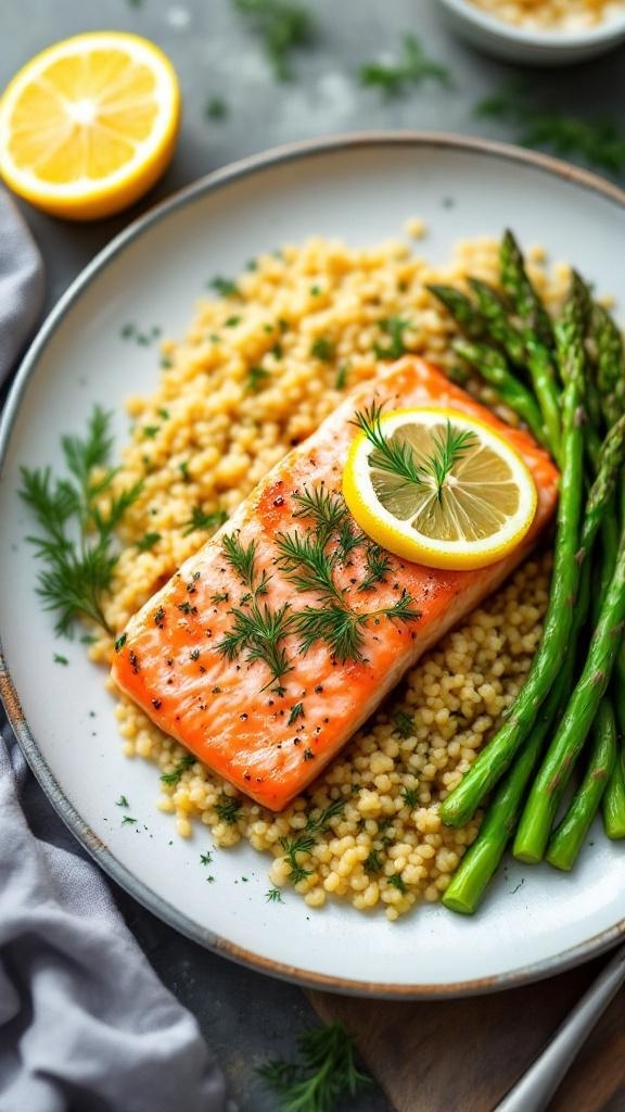 A plate of lemon dill salmon served with couscous and asparagus, garnished with lemon slices and fresh dill.