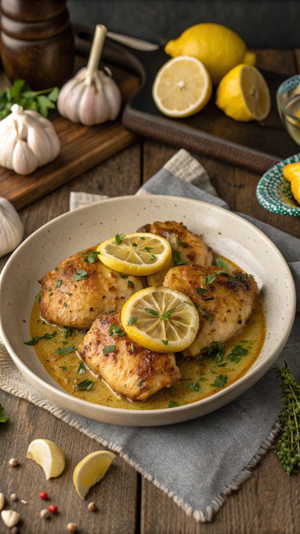 A plate of Lemon Garlic Butter Chicken with lemon slices and herbs.