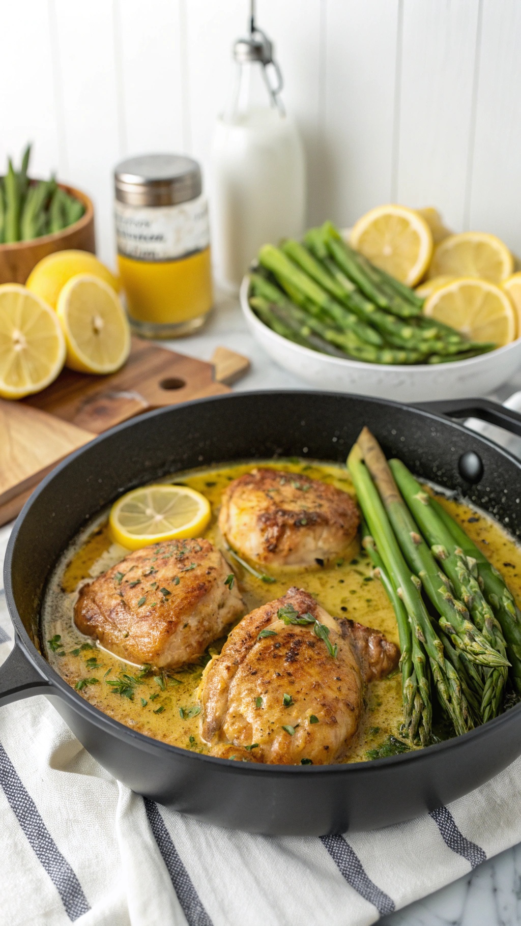 A skillet with lemon garlic butter chicken thighs and asparagus, garnished with lemon slices.