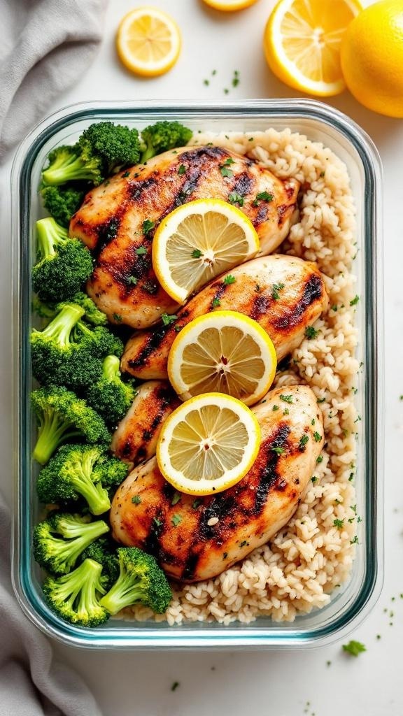 Meal prep containers with lemon garlic chicken, broccoli, and rice.