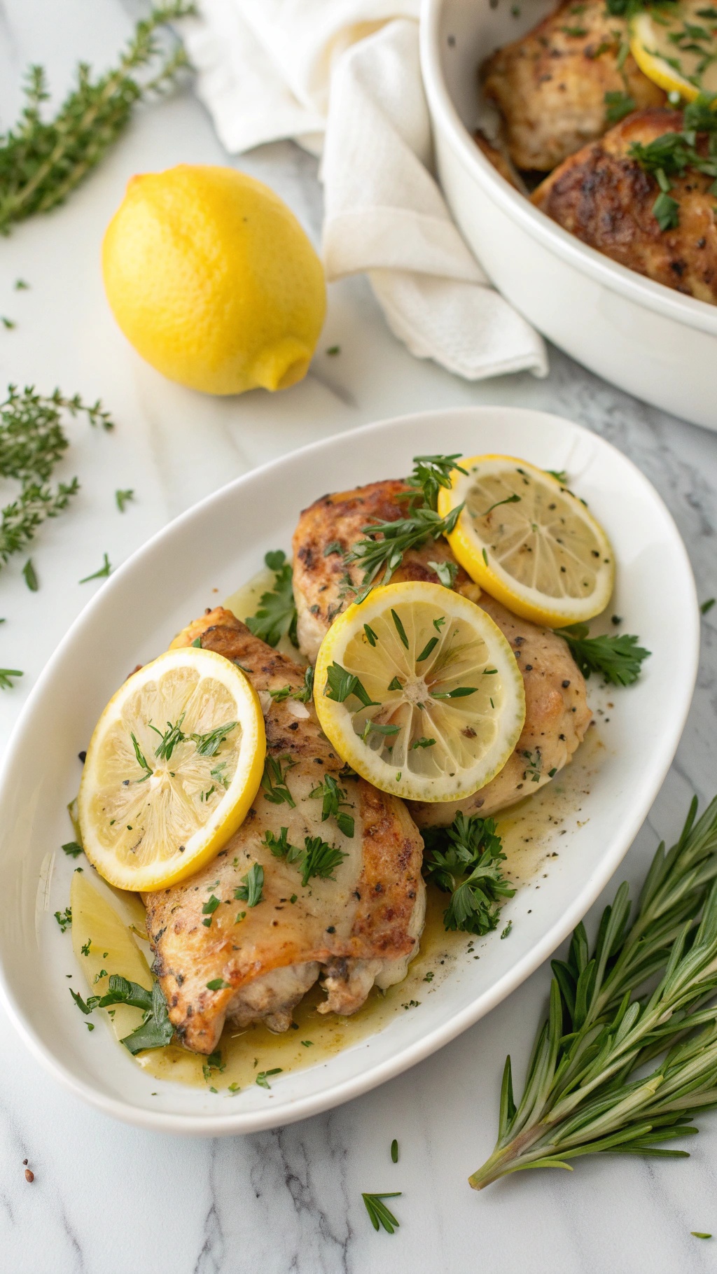 Lemon Garlic Chicken Thighs garnished with herbs and lemon slices