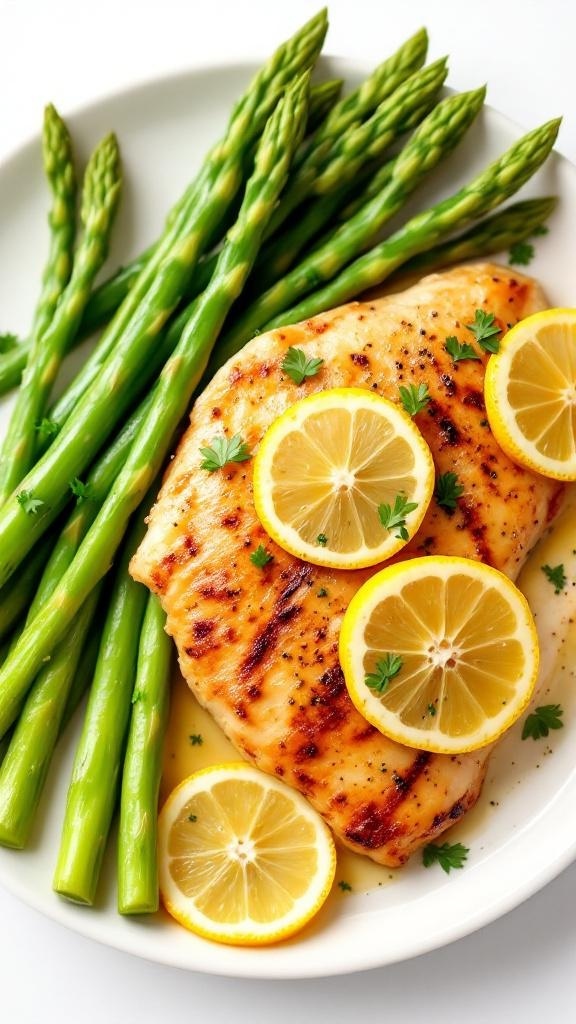 Grilled lemon garlic chicken breast with asparagus on a plate