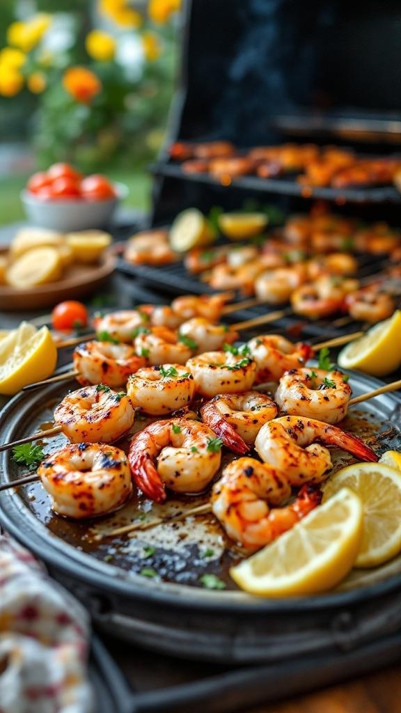 Grilled lemon garlic shrimp skewers on a plate with lemon slices and fresh herbs