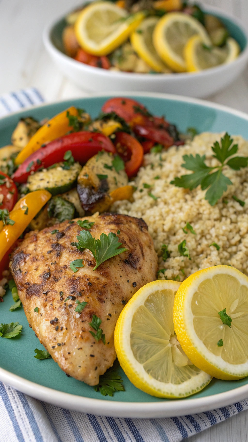 Lemon herb chicken thighs served with couscous and roasted vegetables