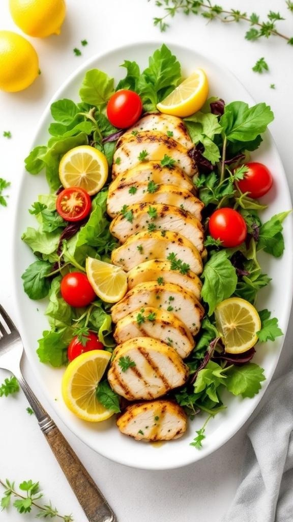 A vibrant Lemon Herb Grilled Chicken Salad with grilled chicken, mixed greens, cherry tomatoes, and lemon slices.