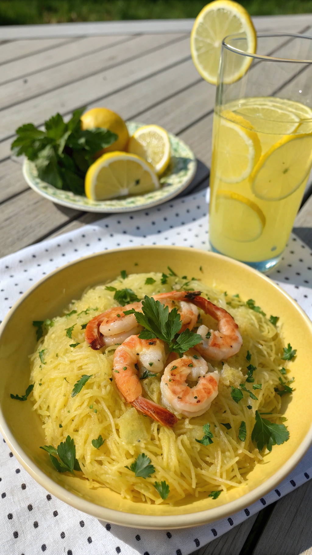 A plate of lemon herb spaghetti squash topped with shrimp, garnished with parsley and served with lemon slices.