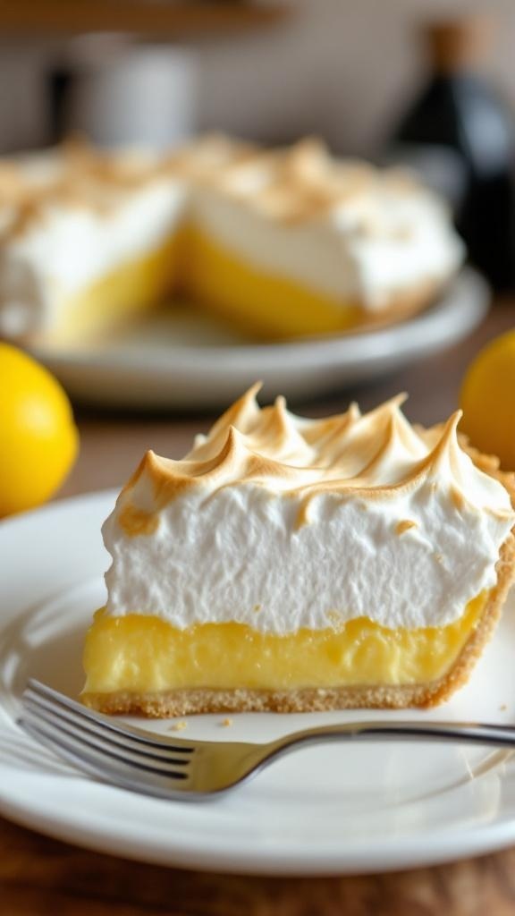 A slice of lemon meringue pie with a golden meringue topping and vibrant lemon filling.