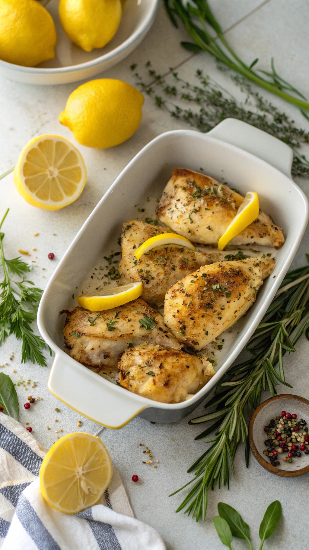 Lemon pepper chicken with fresh lemons and herbs
