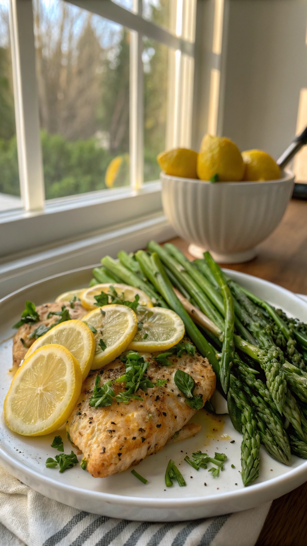 Plate of lemon pepper chicken with asparagus and lemon slices