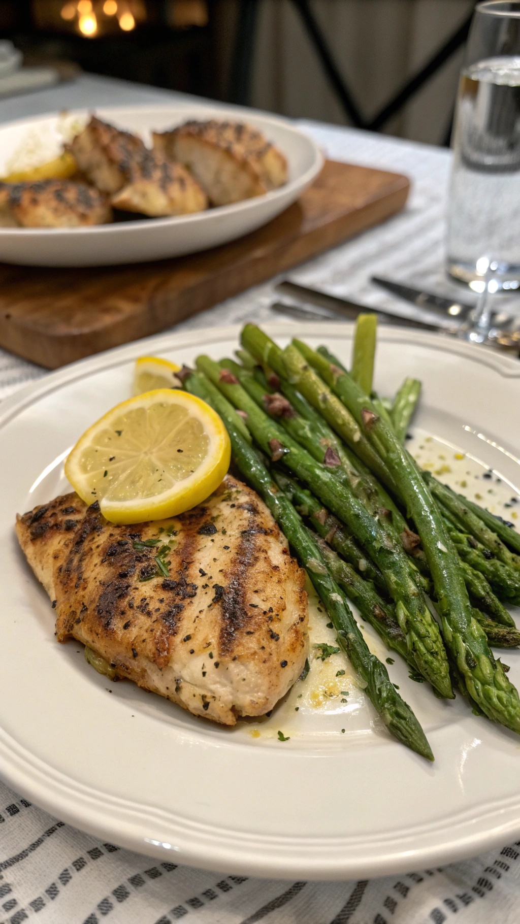 Grilled lemon pepper chicken thighs served with asparagus and lemon slices.