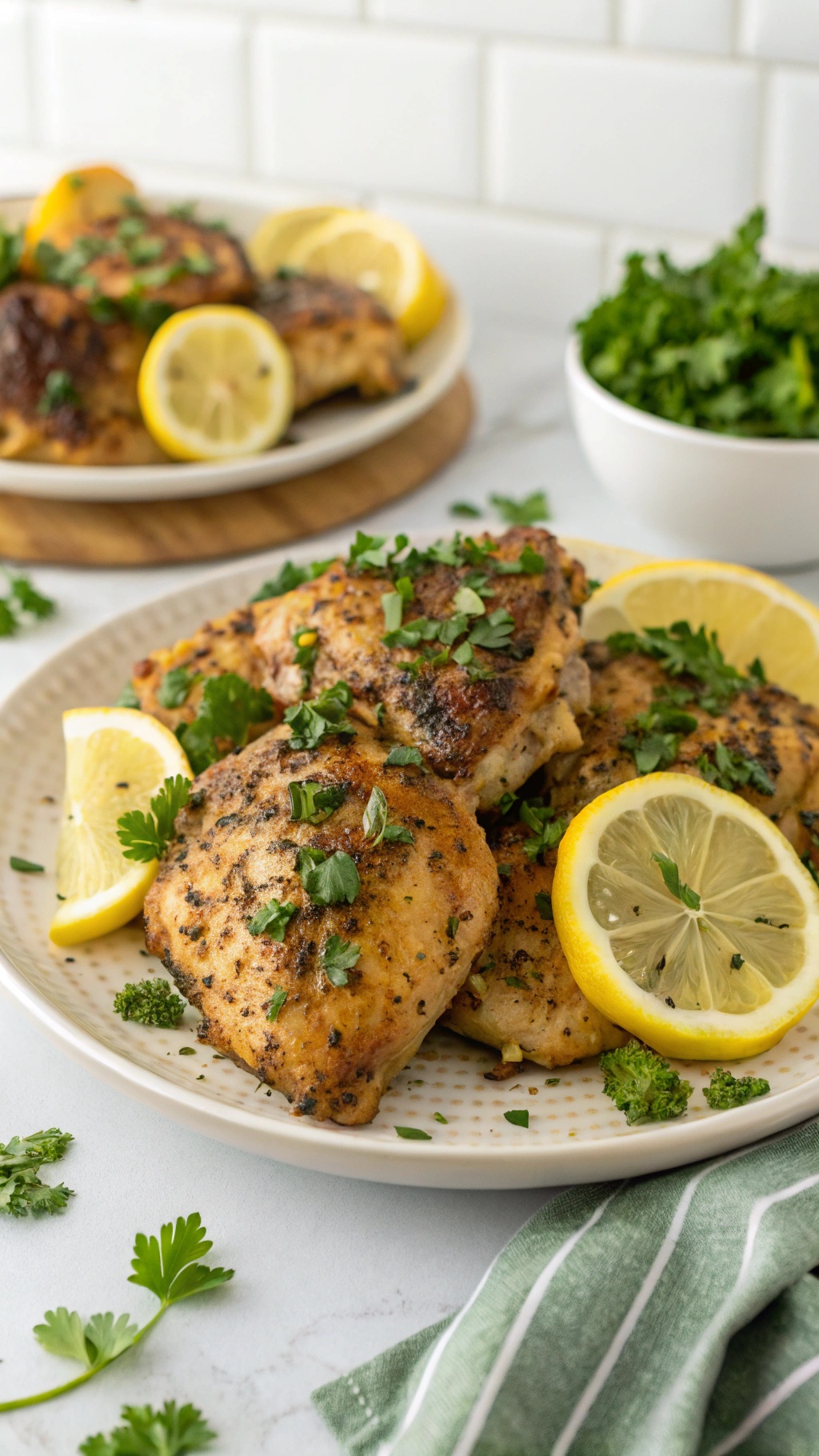 Plate of lemon pepper chicken thighs garnished with parsley and lemon slices