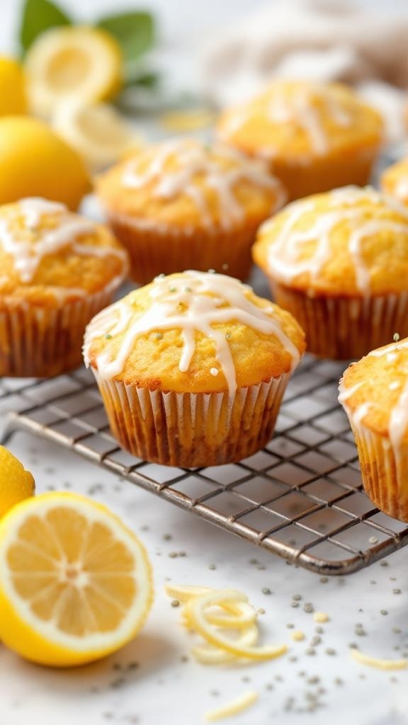 Lemon poppy seed muffins on a cooling rack with fresh lemons