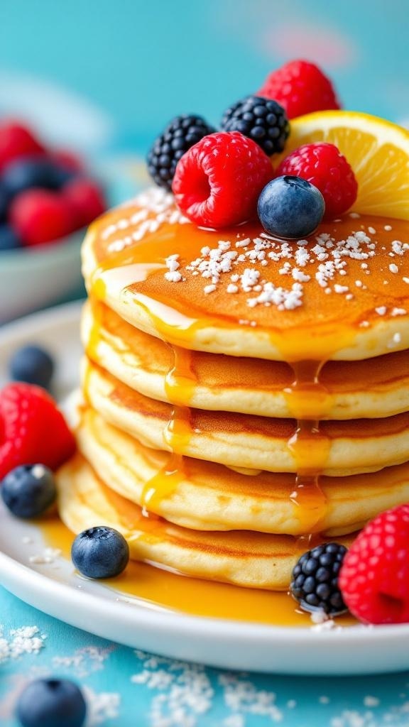 Fluffy lemon poppy seed pancakes topped with fresh berries and syrup