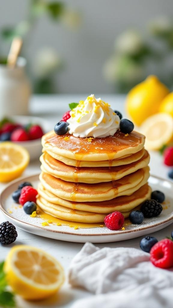 A stack of lemon ricotta pancakes topped with whipped cream and fresh berries, with lemon slices in the background.