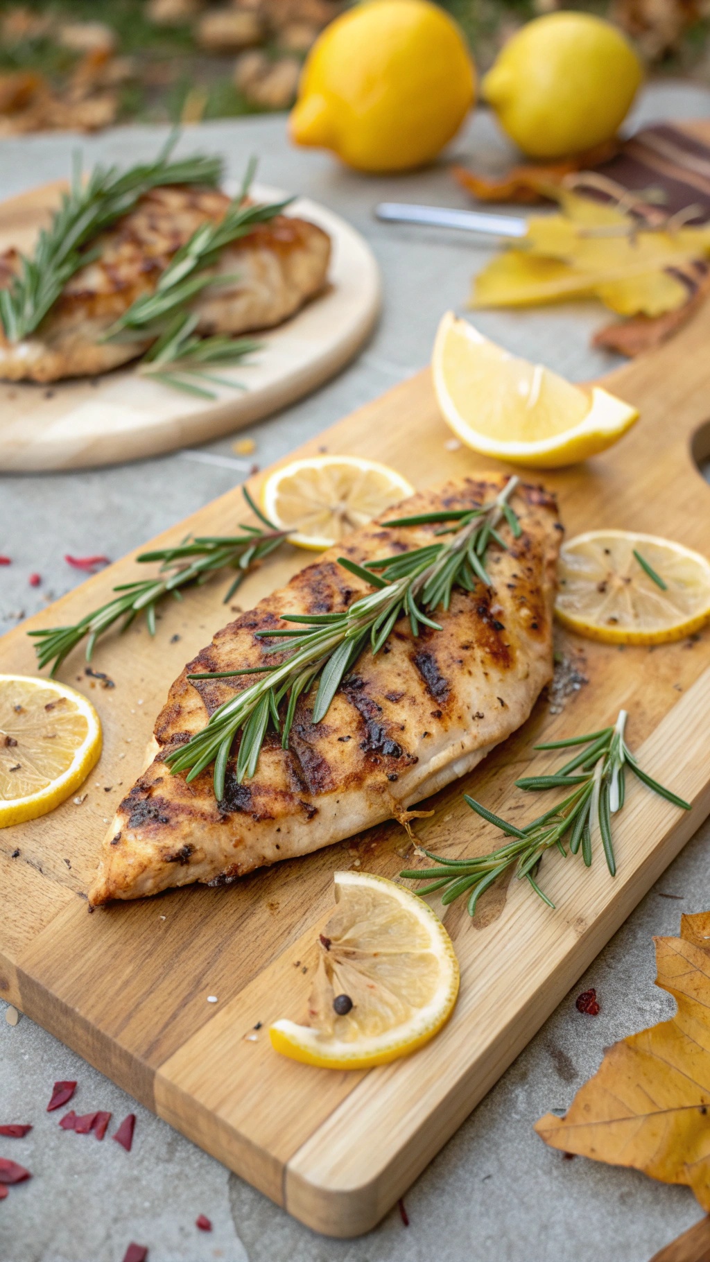 Grilled chicken breast garnished with rosemary and lemon slices on a wooden cutting board.