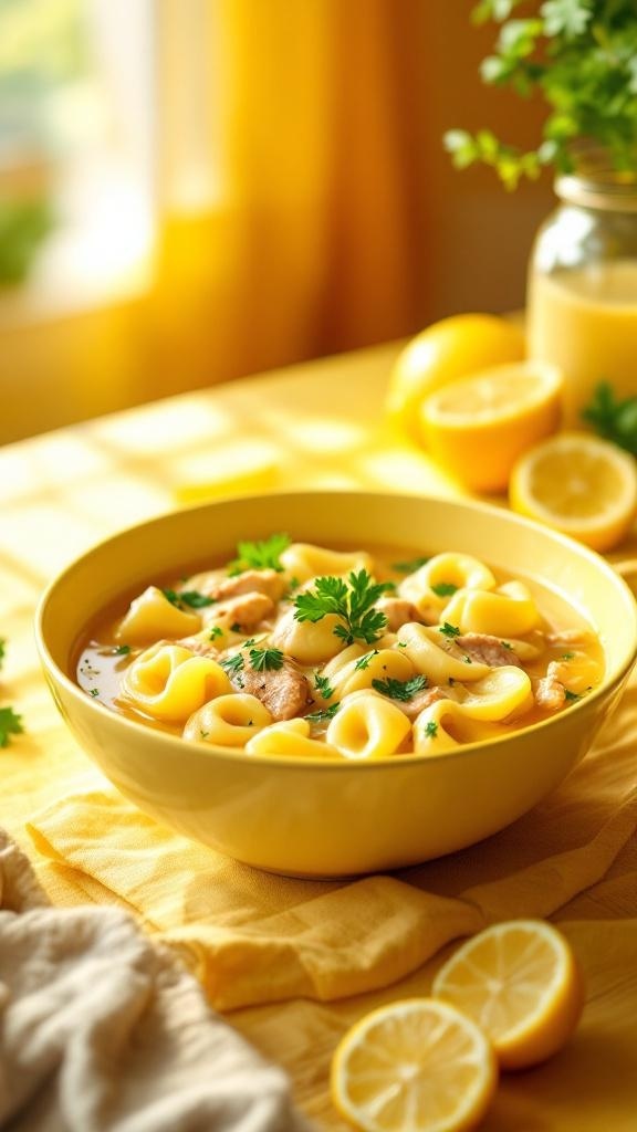 A bowl of Lemon Tortellini Soup with Chicken, garnished with parsley and lemon slices, set against a warm, sunny background.