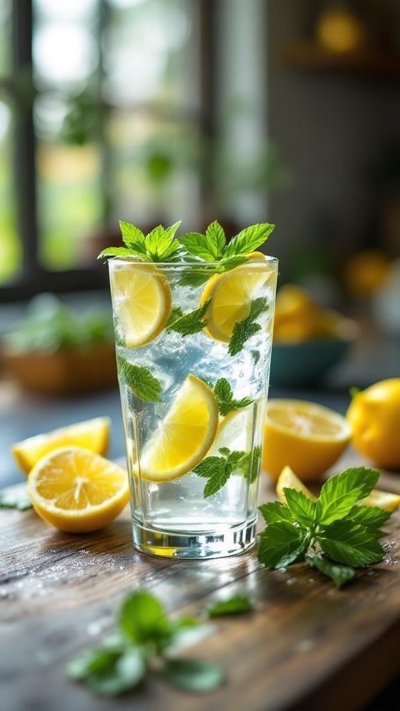A glass of lemon water with mint leaves and lemon slices, surrounded by fresh lemons on a wooden table.