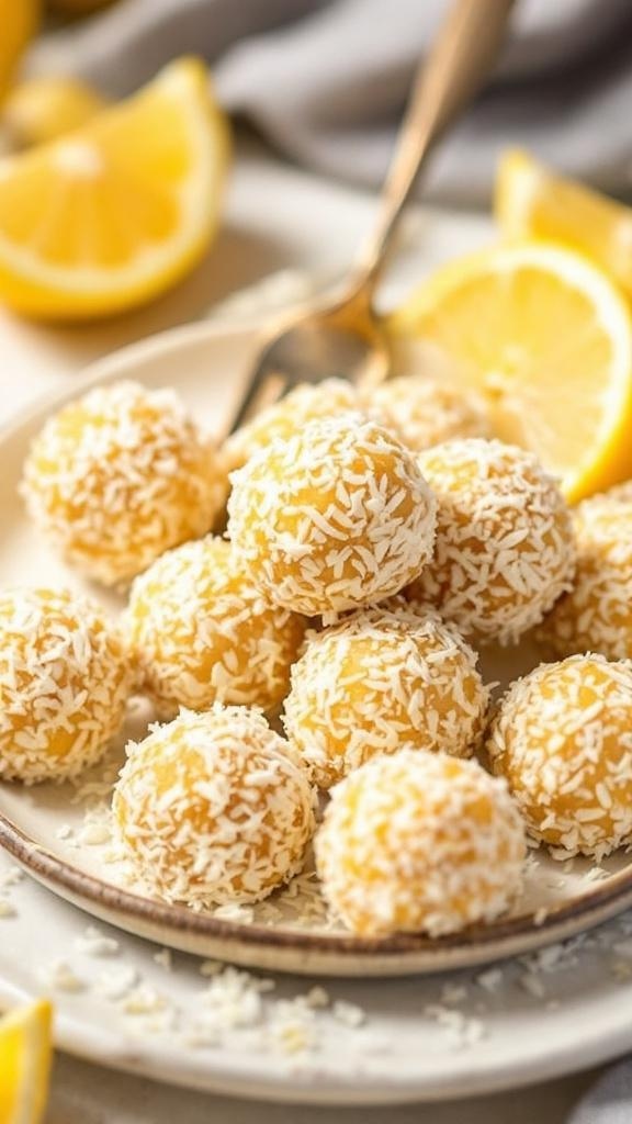 A plate of lemon zest energy bites rolled in coconut with fresh lemon slices