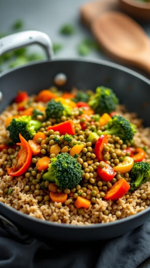 A vibrant lentil and vegetable stir-fry with broccoli, bell peppers, and peas over brown rice.