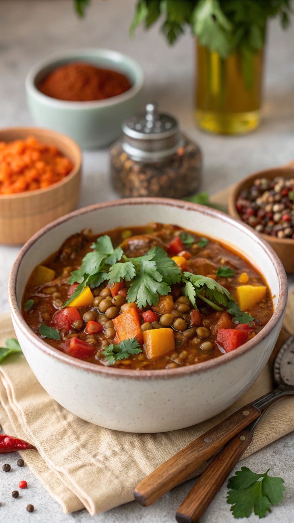 A bowl of lentil chili garnished with cilantro, surrounded by spices and fresh ingredients.