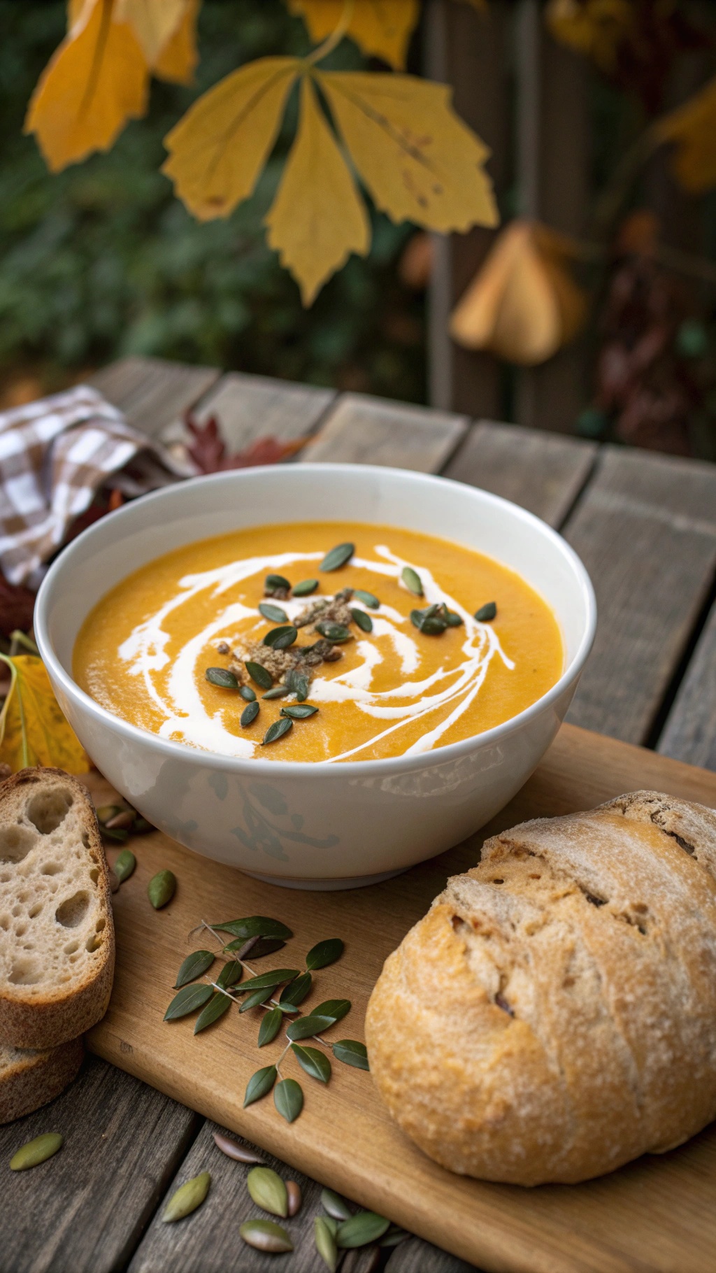 A bowl of lightened-up pumpkin soup with coconut milk, garnished with pumpkin seeds, served with rustic bread on a wooden table.
