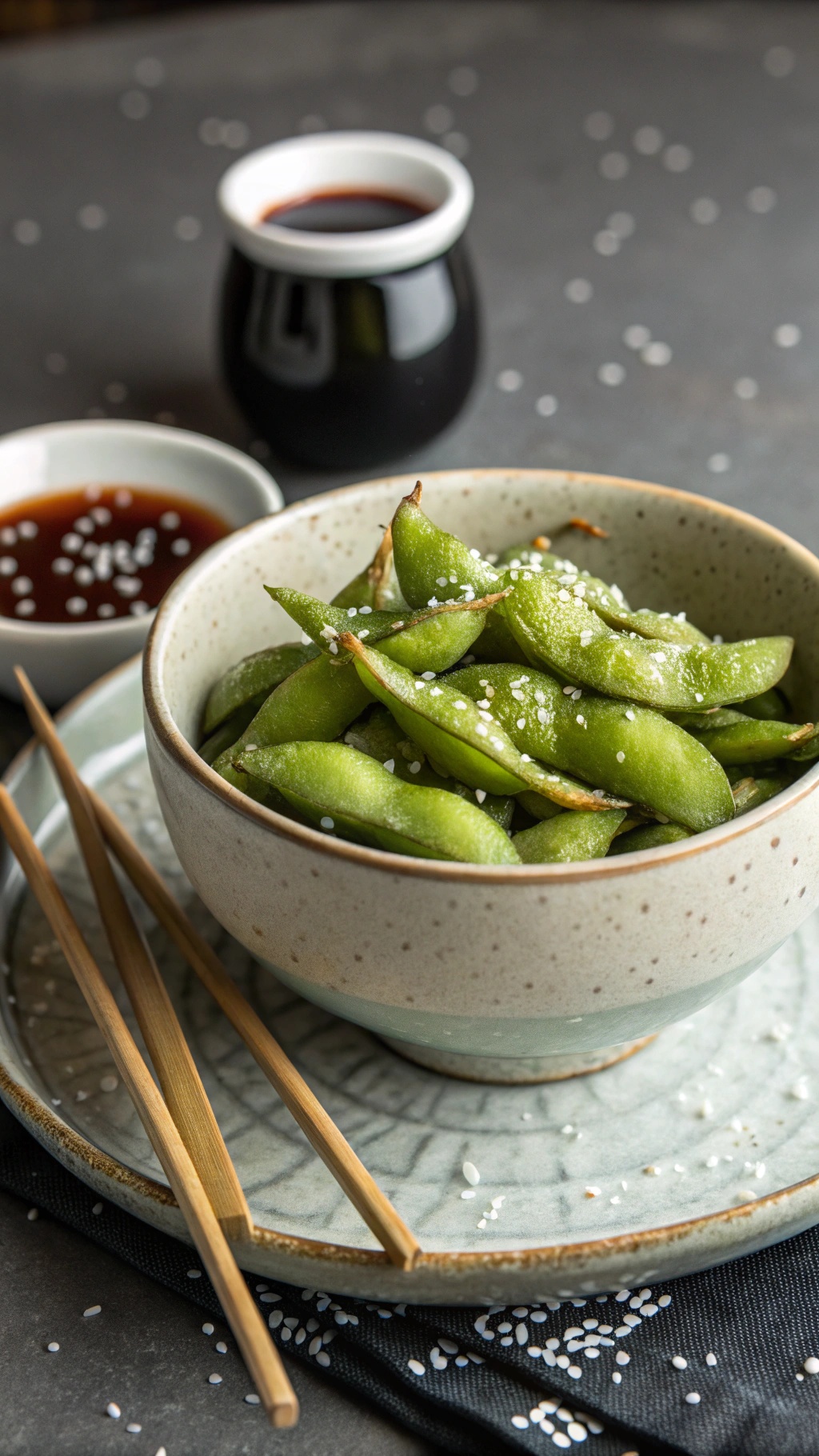A bowl of lightly salted edamame with chopsticks and dipping sauce