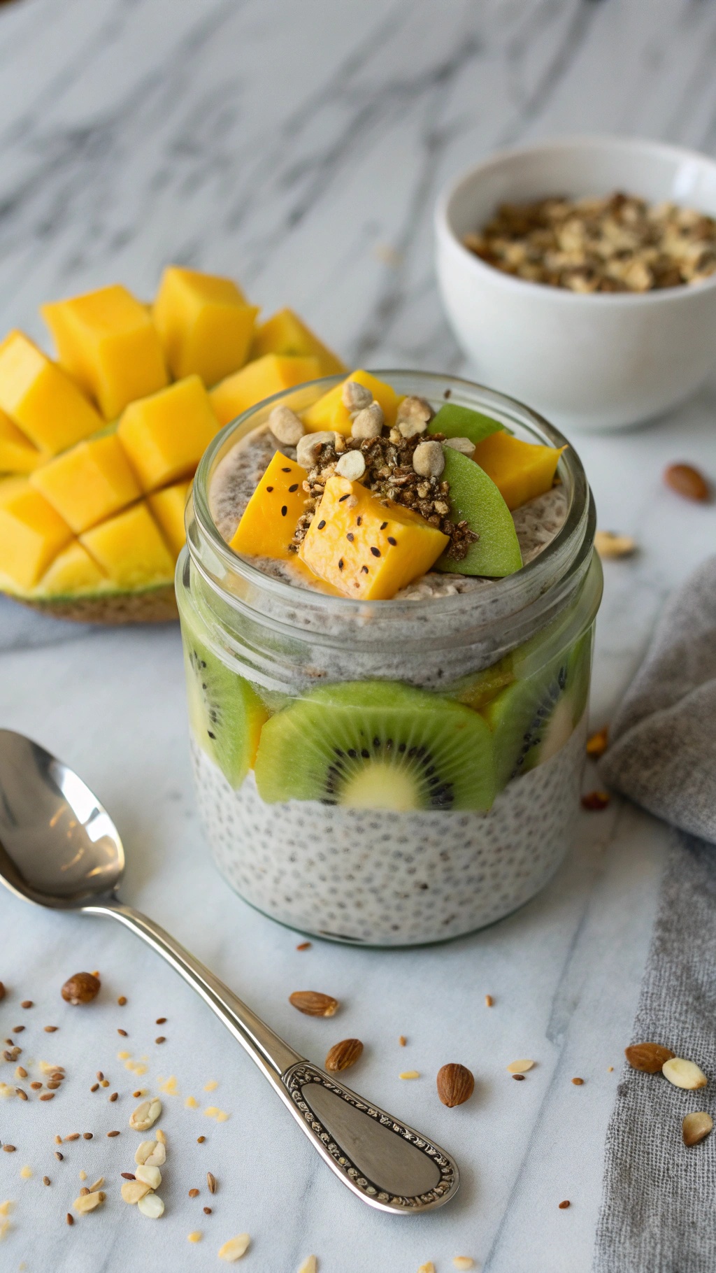 A jar of chia seed pudding topped with mango, kiwi, and granola, with a spoon and scattered nuts in the background.