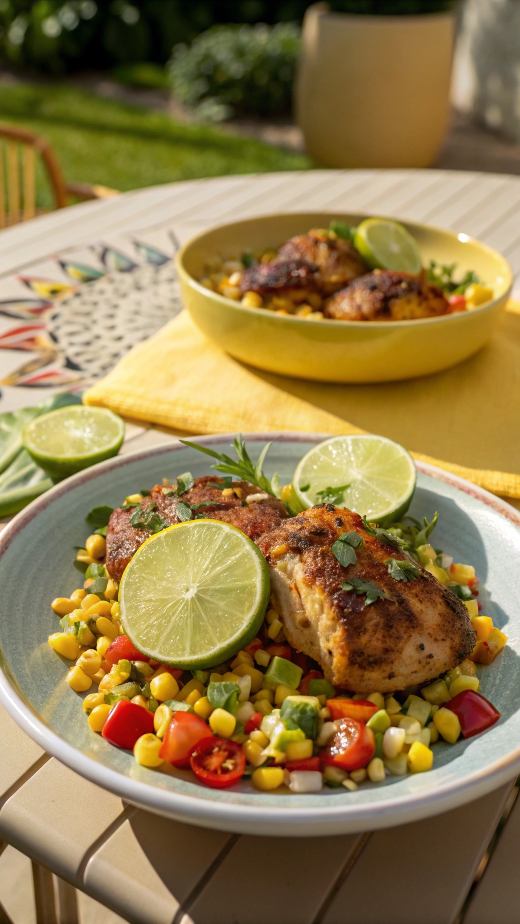 Lime and cumin chicken thighs served over corn salad with lime slices