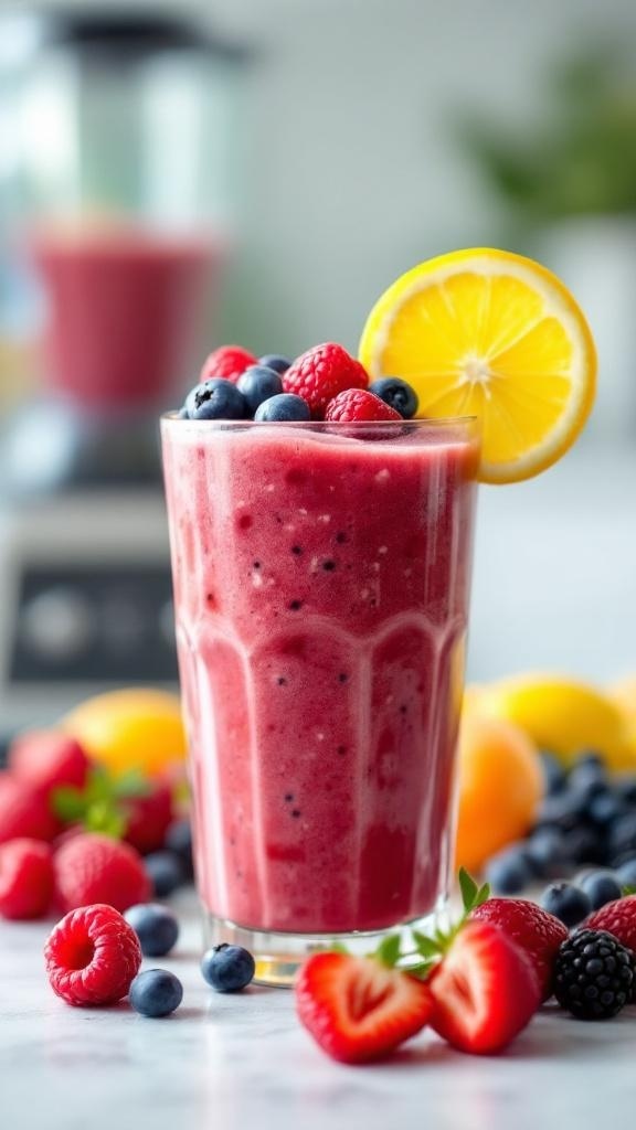 A vibrant lemon berry smoothie in a glass, topped with fresh berries and a lemon slice.