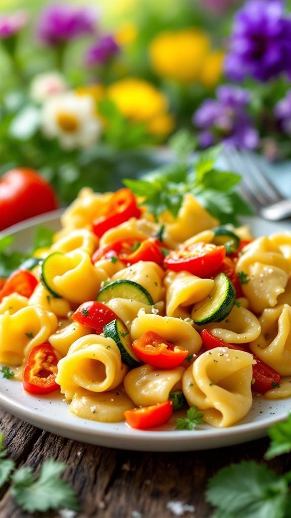 A plate of loaded veggie tortellini with bell peppers and zucchini, garnished with parsley.