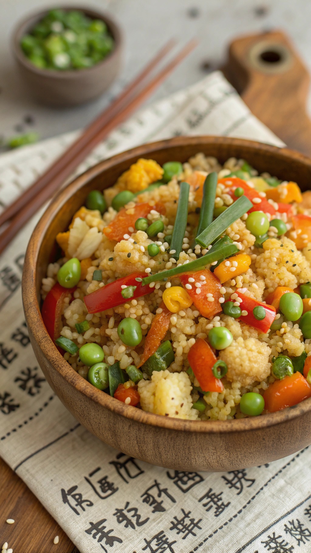 A bowl of colorful cauliflower fried rice with vegetables and sesame seeds on top.