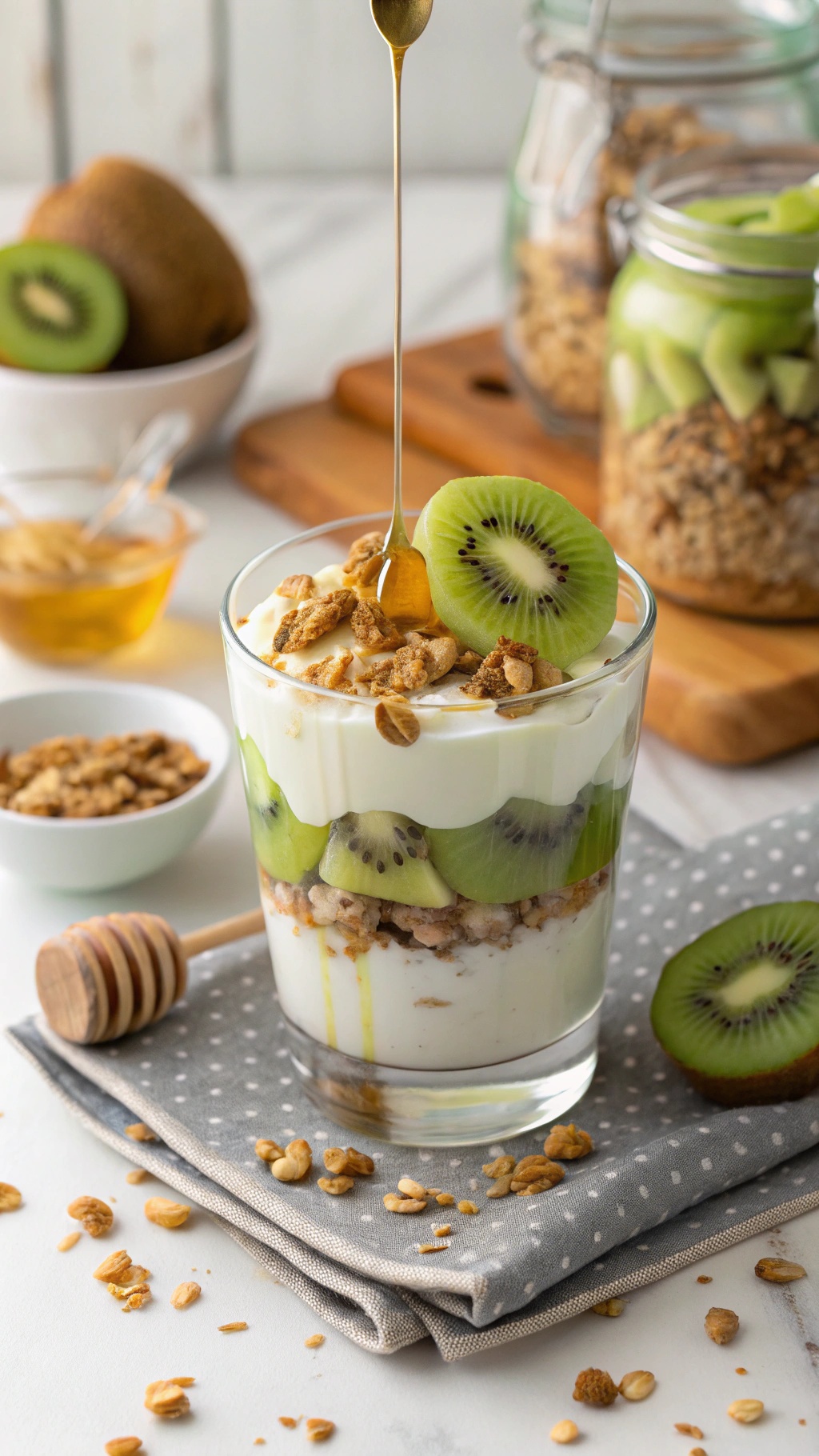 A delicious low-calorie kiwi parfait with layers of yogurt, kiwi slices, and granola, topped with honey.