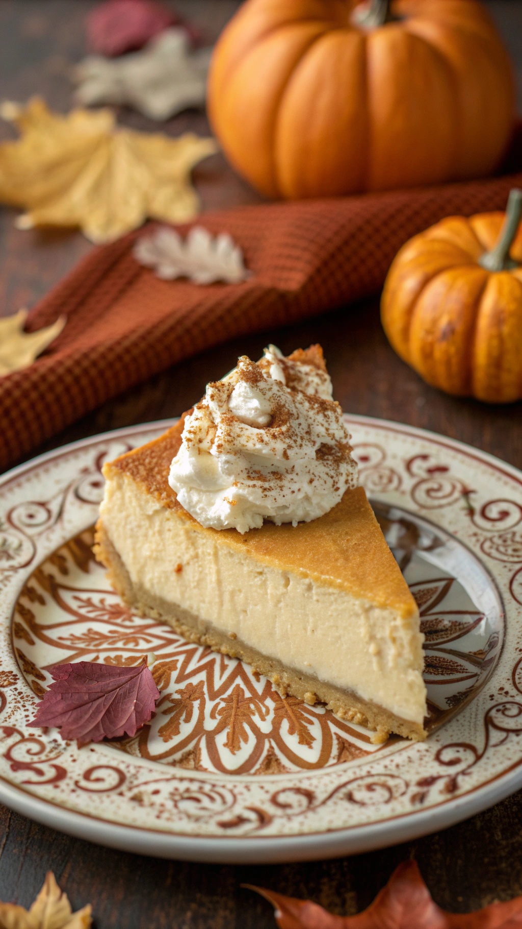 A slice of low-carb pumpkin cheesecake topped with whipped cream and cinnamon, set against a backdrop of autumn leaves and small pumpkins.