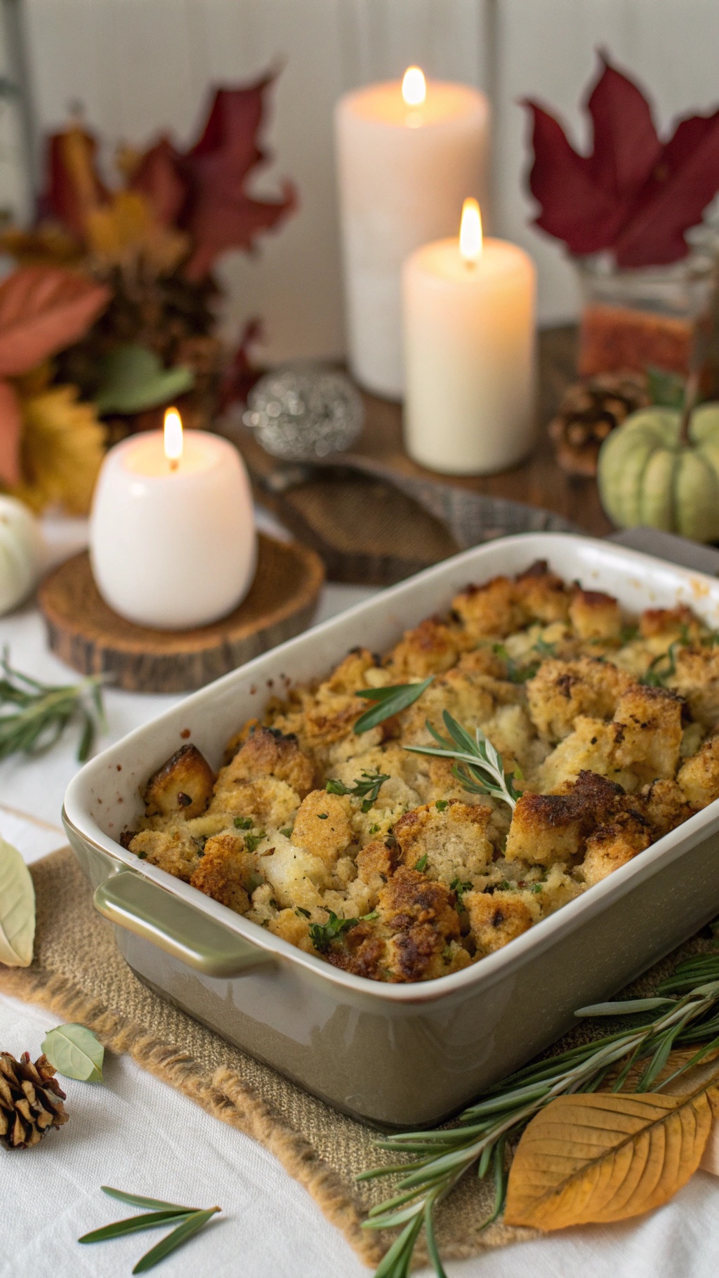 A beautifully baked dish of low-carb stuffing surrounded by autumn decorations and candles.