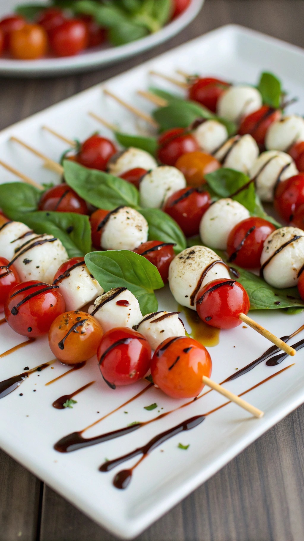 Colorful Caprese salad bites on skewers with cherry tomatoes, mozzarella, and basil.